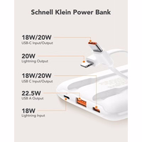 VEGER portatīvais lādētājs 10000 mAh ar iebūvētiem kabeļiem Type C / Lightning PD QC3.0 2A 22,5W C11C (W1170) balta
