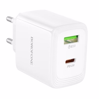 Borofone sienas lādētājs BN30 Cargador GaN - USB + Type C - QC 3.0 PD 45W balts