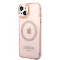 Guess GUHMP14SHTCMP iPhone 14 6.1" rozā cietais viedtālruņa apvalks ar zelta kontūru, caurspīdīgs, magnētiskais (MagSafe)