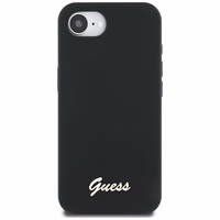 Guess Silicone Script Metal Logo MagSafe viedtālruņa apvalks iPhone 16e - melna