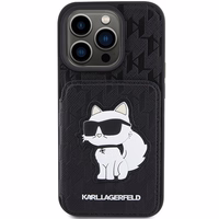 Karl Lagerfeld Saffiano karšu slotiņas un statīvs monogramma Choupette apvalks iPhone 15 Pro - melns