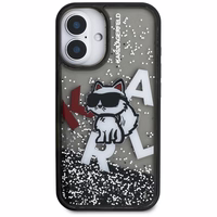 Karl Lagerfeld Liquid Glitter Choupette Logo iPhone 16 macins - melns