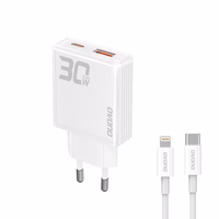 GaN Dudao A30EUL 30W USB-A / USB-C sienas lādētājs + USB-C - Lightning kabelis - balts