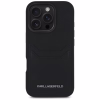 Karl Lagerfeld HC Graudainā PU viedtālruņa apvalks ar kartes slotu un metāla Elong iPhone 16 Pro - melns