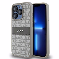 DKNY Ādas mono svītra un metāla logotips viedtālruņa apvalks iPhone 15 Pro - bēšs