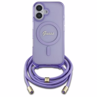 Guess soma pāri plecam viedtālruņa apvalks Cord Script MagSafe iPhone 16 – violets