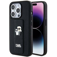 Karl Lagerfeld Gripstand Saffiano Karl&Choupette Pins viedtālruņa apvalks iPhone 13 Pro / 13 - melns