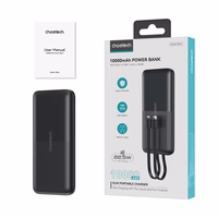 Portatīvais lādētājs Choetech B654 10000mAh 22,5W USB-A / USB-C / micro USB ar iebūvētu USB-C / Lightning kabeli (melns)