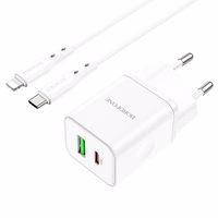 Borofone Sienas lādētājs BN7 - USB + Type C - QC 3.0 PD 20W ar Type C uz Lightning kabeli balts
