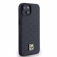 DKNY Ādas monogrammas raksta ar metāla logotipu magnētiskais viedtālruņa apvalks iPhone 15/14/13 - melns