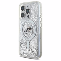 Karl Lagerfeld Liquid Glitter Karl & Choupette Head Magnētiskais viedtālruņa apvalks iPhone 16 Pro Max - caurspīdīgs