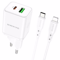 Borofone Sienas lādētājs BN7 - USB + Type C - QC 3.0 PD 20W ar Type C uz Lightning kabeli balts