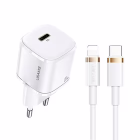 USAMS Tīkla lādētājs 1xUSB-C T36 mini 20W + Kabelis USB-C-Lightning balts PD3.0 Fast Charging XFKXLOGTL02 (US-CC124+US-SJ484)