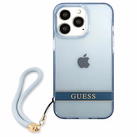 Guess GUHCP13LHTSGSB iPhone 13 Pro / 13 6.1 viedtālruņa apvalks, zils, ciets, daļēji caurspīdīgs ar siksniņu