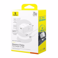 Baseus Palm 1C 20W sienas lādētājs (ar Baseus Mini White USB-C 60W (20V/3A) 1m kabeli) - balts