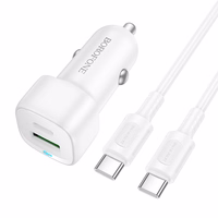 Borofone Auto lādētājs BZ34B Cloud - USB + C tipa lādētājs - QC 3.0 PD 38W ar C tipa vadu uz C tipa lādētāju balts