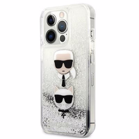 Karl Lagerfeld Šķidrs Glitter Karl&Choupette Galvas viedtālruņa apvalks iPhone 13 Pro Max - sudraba