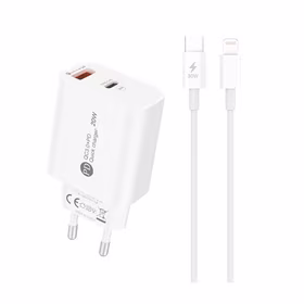 A6MaxL 20W USB-A USB-C sienas lādētājs ar 1m USB-C - Lightning kabeli – balts