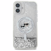 Karl Lagerfeld Liquid Glitter Karl & Choupette Head Magnētiskais iPhone 16 Plus viedtālruņa apvalks - caurspīdīgs