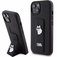 Karl Lagerfeld Gripstand Saffiano Choupette Pins apvalks viedtālrunim iPhone 15 Plus / 14 Plus - melns