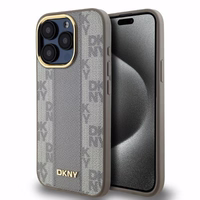 DKNY Ādas rūtainais mono raksts Magnētiskais viedtālruņa apvalks iPhone 15 Pro - bēša