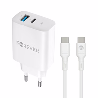 Forever TC-07-30AC PD QC lādētājs 1x USB-C 1x USB 30W balts + USB-C - USB-C kabelis 60W