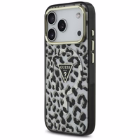 Guess leoparda spīdīgs magnētiskais viedtālruņa apvalks iPhone 17 Pro melns