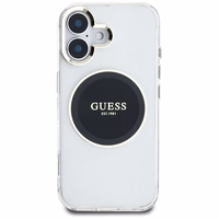 Guess IML Metal Colored Circle Classic Logo Magnētiskais viedtālruņa apvalks iPhone 16 - melns