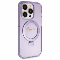 Guess Magnētiskā viedtālruņa apvalks ar gredzena statīvu Script Glitter MagSafe iPhone 14 Pro - violeta