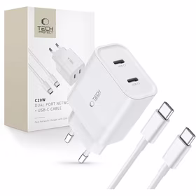 Tech-Protect C20W 2x USB-C PD 20W lādētājs ar USB-C / USB-C kabeli - balts