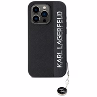 Karl Lagerfeld Saffiano Rhinestones & Charm viedtālruņa apvalks iPhone 15 Pro - melns