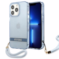 Guess GUHCP13LHTSGSB iPhone 13 Pro / 13 6.1 viedtālruņa apvalks, zils, ciets, daļēji caurspīdīgs ar siksniņu