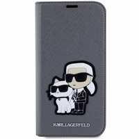 Karl Lagerfeld KLBKP14SSANKCPG iPhone 14 6.1" grāmatas tipa apvalks sudraba Saffiano Karl & Choupette