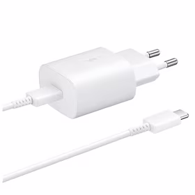Samsung 25W EP-TA800EWE USB-C sienas lādētājs ar Samsung EP-DA705BWE USB-C / USB-C kabeli rezerves iepakojumā - balts