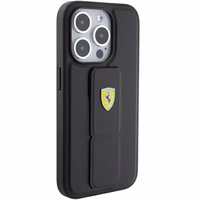 Ferrari Grip Stand Metal Logo apvalks iPhone 15 Pro – melns