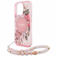 Guess IML Flowers With Pearl Strap MagSafe viedtālruņa apvalks iPhone 16 Pro Max - rozā