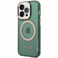 Viedtālruņa apvalks Guess GUHMP14LHTCMA iPhone 14 Pro 6.1" zaļa/haki cietais apvalks Zelta Kontūra Caurspīdīgs MagSafe