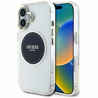 Guess IML Metal Colored Circle Classic Logo Magnētiskais viedtālruņa apvalks iPhone 16 - melns