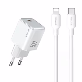 USAMS Tīkla lādētājs 1xUSB-C PD20W PD3.0 Fast Charging US-CC183 + kabelis USB-C/Lightning US-SJ610 balts YX Series YXXLOGTC03