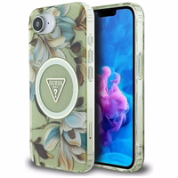 Guess IML Metal Glitter Flowers Triangle magnētiskais viedtālruņa apvalks iPhone 16e - zaļš