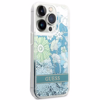 Guess GUHCP14LLFLSN iPhone 14 Pro 6.1 zaļš / zaļš kietais viedtālruņa apvalks Flower Liquid Glitter