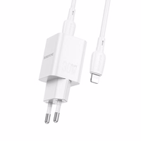 Borofone Sienas lādētājs BN14 Royal GaN - USB + Type C - QC 3.0 PD 30W ar Type C uz Lightning kabeli balts