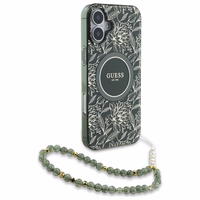 Guess IML Flowers Allover Electro With Pearl Strap MagSafe viedtālruņa apvalks iPhone 16 - zaļš