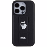 Karl Lagerfeld Gripstand Saffiano Choupette Pins viedtālruņa apvalks iPhone 14 Pro Max - melns