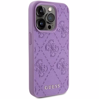 Guess Ādas 4G Reljefs viedtālruņa apvalks iPhone 15 Pro - violets