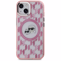 Karl Lagerfeld IML Monogramma Karl & Choupette Head Magnētiskais iPhone 15 Plus viedtālruņa apvalks - rozā