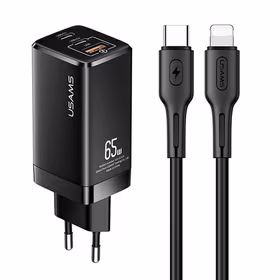 USAMS Tīkla lādētājs MT 2xUSB-C+USB GaN 65W T33 PD + Kabelis USB-C-Lightning 30W Fast Charging melns MTXLOGTL01