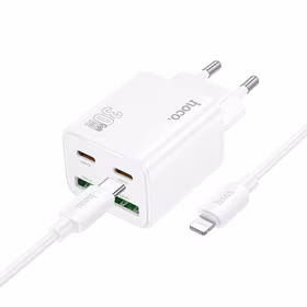 Lādētājs viedtālrunim Hoco 2 x USB C + 2 x USB A QC3.0 PD 3A 30W + kabelis USB C uz Lightning N56 balts