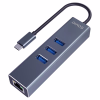 Savio AK-57 USB-C - 3 x USB-A HUB with RJ-45 Gigabit Ethernet adapter, 5000 Mbit/s, pelēks
