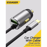 Auto lādētājs Essager "Bee" Pelēks 20W (1xUSB) + integrated "Type-C" kabelis